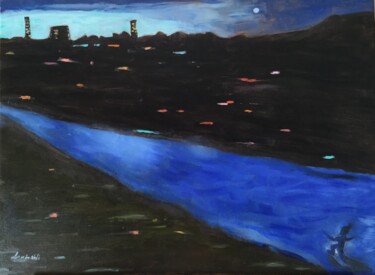 Painting titled "Night in the town" by Ann Lahti, Original Artwork, Oil