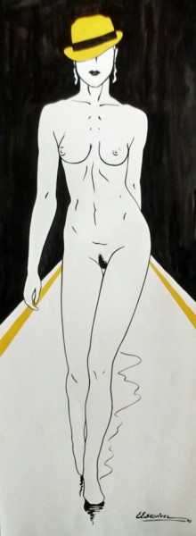 Dibujo titulada "modelo con sombrero…" por Erwin Esquivel C, Obra de arte original, Tinta