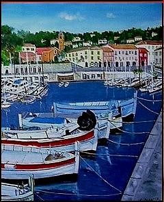 Peinture intitulée "pointus dans le Port" par Gisèle Darrieux-Boblin, Œuvre d'art originale, Huile