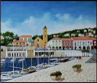 Peinture intitulée "Eglise et Port de S…" par Gisèle Darrieux-Boblin, Œuvre d'art originale, Huile