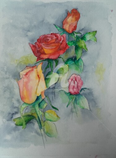 Peinture intitulée "Les roses du jardin…" par James Burgevin, Œuvre d'art originale, Aquarelle