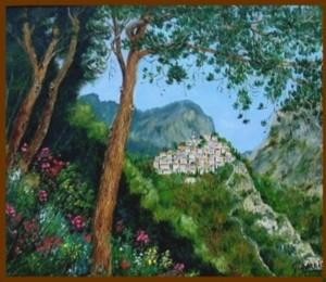 Pintura intitulada "Village de Peillon-…" por Gisèle Darrieux-Boblin, Obras de arte originais, Óleo