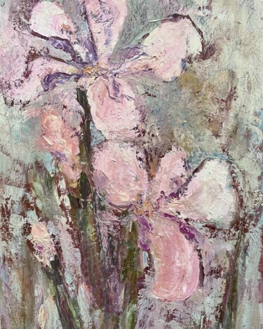 "The dance of irises in the morning haze." Painting titled ""The dance of irise…" by Vita Daneva, Original Artwork, Oil Mounted on Wood Stretcher frame