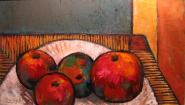 Pommes sur un tabouret Peinture intitulée "Pommes sur un tabou…" par Alain Lamy, Œuvre d'art originale, Huile
