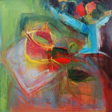 Coupe de fruits sur fond vert Peinture intitulée "Coupe de fruits sur…" par Hervé Marchelidon, Œuvre d'art originale, Acrylique Monté sur Panneau de bois