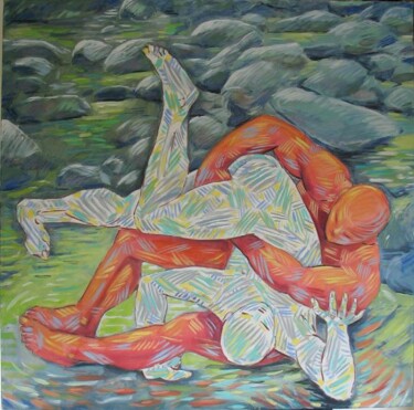 Painting titled "Wrestlers - lutteur…" by Bernard Marie Collet, Original Artwork, Oil