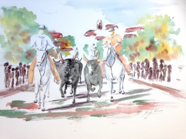 Peinture intitulée "Concours d'abrivado" par Jean-Louis Gaillard, Œuvre d'art originale, Aquarelle