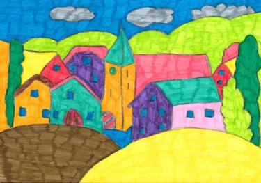 Dessin intitulée "le village montagna…" par Audrey Segura, Œuvre d'art originale, Crayon
