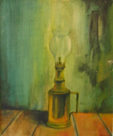La lampe à pétrole Peinture intitulée "La lampe à pétrole" par Alain Lamy, Œuvre d'art originale, Huile Monté sur Panneau de bois