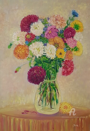 Malerei mit dem Titel "Begonie im Glas" von Jadwiga Rudnicka, Original-Kunstwerk, Öl