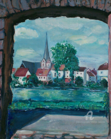 Malerei mit dem Titel "Kirche im Erlenbach" von Jadwiga Rudnicka, Original-Kunstwerk, Öl