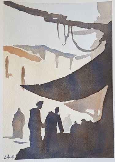 Pittura intitolato "Mercato a Marrakech" da Leonardo Arieti, Opera d'arte originale, Acquarello