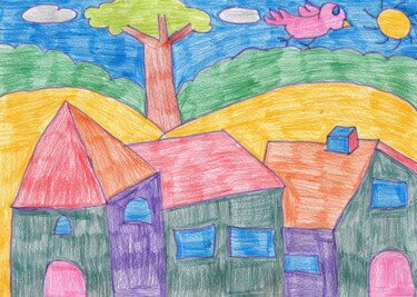 Dessin intitulée "les maison autour d…" par Audrey Segura, Œuvre d'art originale, Crayon