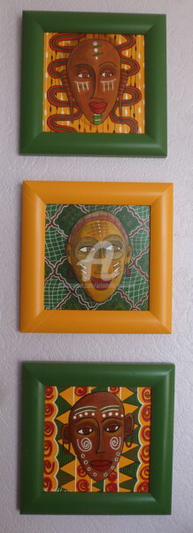 TRIPTYQUE MASQUES VIVANTS AFRICAINS Malerei mit dem Titel "TRIPTYQUE MASQUES V…" von Artamelis, Original-Kunstwerk, Acryl Auf Keilrahmen aus Holz montiert