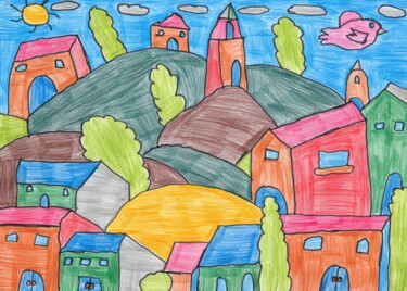 Dessin intitulée "les maisons au dess…" par Audrey Segura, Œuvre d'art originale, Crayon