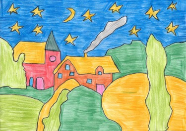 Dessin intitulée "les maison autour d…" par Audrey Segura, Œuvre d'art originale, Crayon