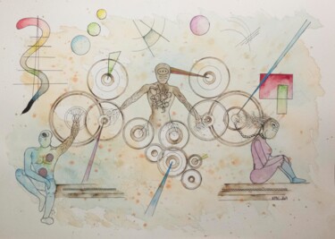 Peinture intitulée "engrenages" par Kpbc, Œuvre d'art originale, Aquarelle