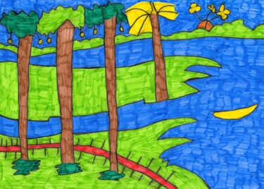 Dessin intitulée "la mer et ses arbres" par Audrey Segura, Œuvre d'art originale, Encre