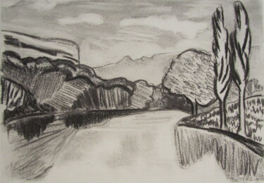 Dessin intitulée "Le Fleuve des jours…" par Alain Lamy, Œuvre d'art originale, Fusain