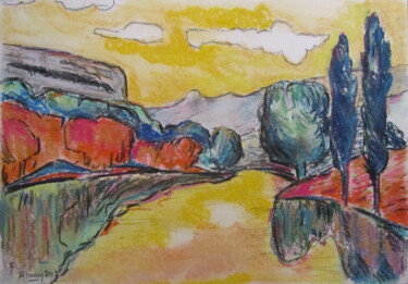 Dessin intitulée "Le Fleuve des jours…" par Alain Lamy, Œuvre d'art originale, Pastel
