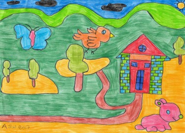 Dessin intitulée "le paysage animalier" par Audrey Segura, Œuvre d'art originale, Crayon