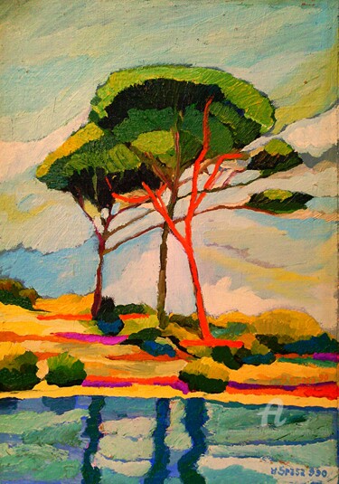 Painting titled "Paysage de Grece" by Slobodan Spasojevic (Spaki), Original Artwork, Oil