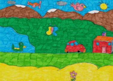 Dessin intitulée "la voiture rouge" par Audrey Segura, Œuvre d'art originale, Encre