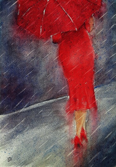 绘画 标题为“La signora in rosso” 由Tito Fornasiero, 原创艺术品, 水彩