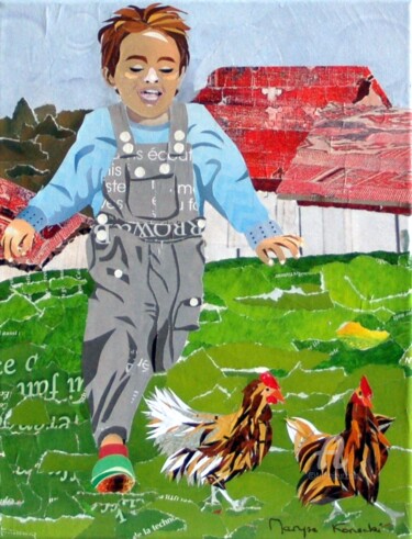 Collages intitulée "Baptiste et les pou…" par Maryse Konecki, Œuvre d'art originale, Collages