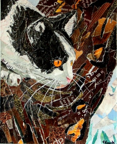 Collages intitulée "Elvis, mon chat, da…" par Maryse Konecki, Œuvre d'art originale, Collages