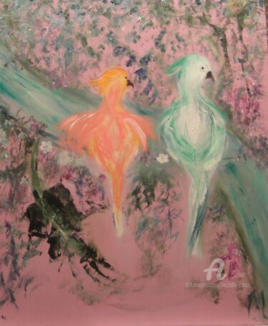 「Pastel Parrots in A…」というタイトルの絵画 Michela Curtisによって, オリジナルのアートワーク, オイル