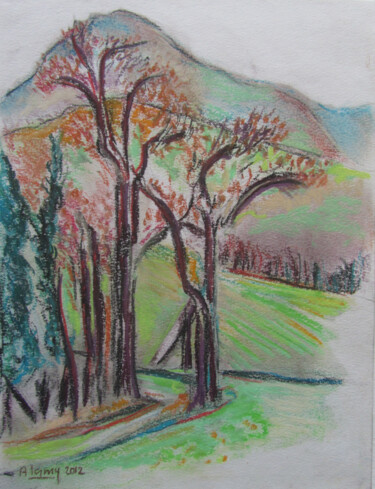 Dessin intitulée "Paysage vers Thoiry…" par Alain Lamy, Œuvre d'art originale, Pastel