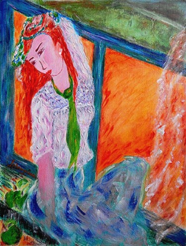 Ζωγραφική με τίτλο "Blue Window with Gr…" από Lorenzina B, Αυθεντικά έργα τέχνης, Ακρυλικό