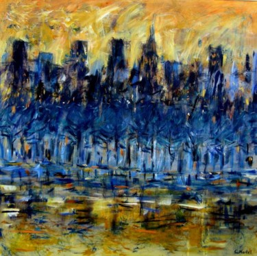 Peinture intitulée "SOIR BLEU ET OR" par Catherine Martel, Œuvre d'art originale