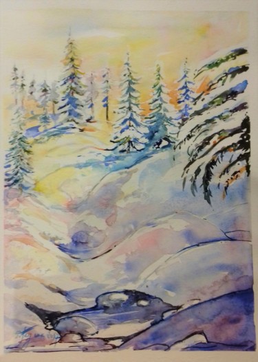 Peinture intitulée "FORET ENNEIGEE" par Pierre Feyeux, Œuvre d'art originale, Aquarelle