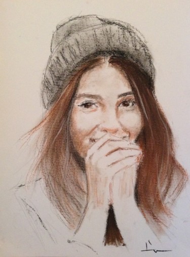 Dessin intitulée "Girl with a woolen…" par Dominique Dève, Œuvre d'art originale, Conté