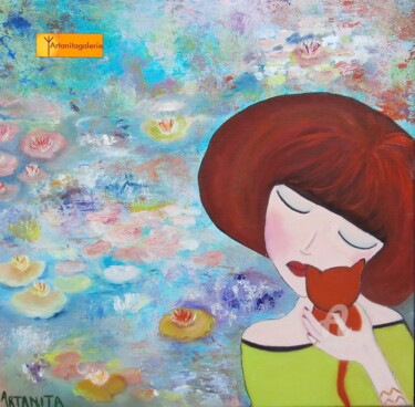 Nymphéa,mon bébé chat Peinture intitulée "Nymphéa,mon bébé ch…" par Artanita, Œuvre d'art originale, Huile
