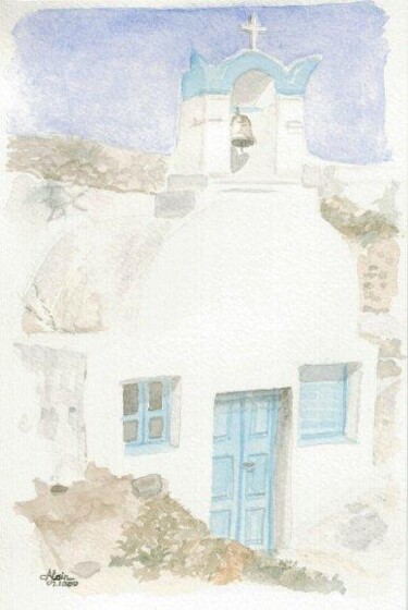 Pintura intitulada "0007 Eglise Oia" por Aquarelles-Alain, Obras de arte originais, Óleo