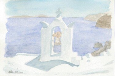 Pintura intitulada "0007 Clocher Oia" por Aquarelles-Alain, Obras de arte originais, Óleo