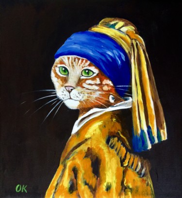 Cat with the pearl earring. Painting titled "Cat with the pearl…" by Olga Koval, Original Artwork, Acrylic
