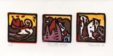 Printmaking titled "Sur cette plage. 4/7" by Jean-Bernard Fenouillas, Original Artwork, Linocuts