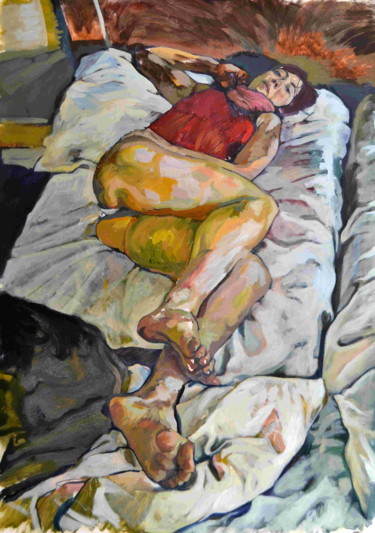 Schilderij getiteld "le lit" door Antonio Jaenada, Origineel Kunstwerk, Olie Gemonteerd op Houten paneel