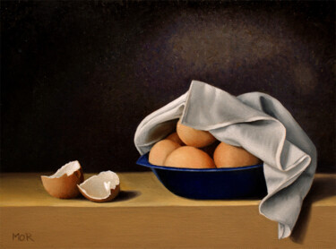 Painting titled "Blue Bowl And Eggs" by Dietrich Moravec, Original Artwork, Oil