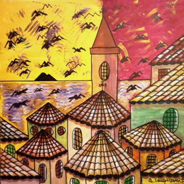 Voli di gabbiani al tramonto. Pittura intitolato "Voli di gabbiani al…" da Mateci-Antonio Lucio Rudy Lacquaniti, Opera d'arte originale, Acrilico