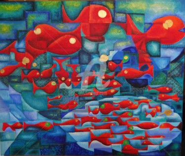 banc de poissons rouges Peinture intitulée "banc de poissons ro…" par Audrey Ressejac-Duparc, Œuvre d'art originale, Huile