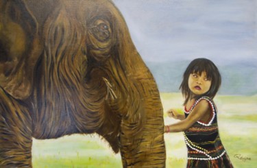 KIM LUANG ET SON ELEPHANT Peinture intitulée "KIM LUANG ET SON EL…" par Régine Peltier, Œuvre d'art originale, Huile Monté sur Châssis en bois