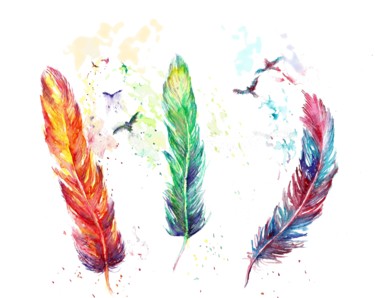 Feathers birds fantasy watercolour Peinture intitulée "Feathers birds fant…" par Natalja Picugina, Œuvre d'art originale, Aquarelle