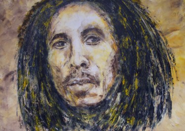 Painting titled "BOB MARLEY" by Régine Peltier, Original Artwork, Oil Mounted on Wood Stretcher frame
