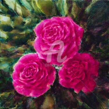 Painting titled "Trois roses" by Fabienne Monestier, Original Artwork, Acrylic Mounted on Wood Stretcher frame