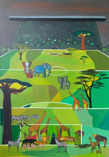 Réchauffement climatique sur Geoffroy Guichard. Peinture intitulée "Réchauffement clima…" par Pierre Carret, Œuvre d'art originale, Acrylique Monté sur Châssis en bois